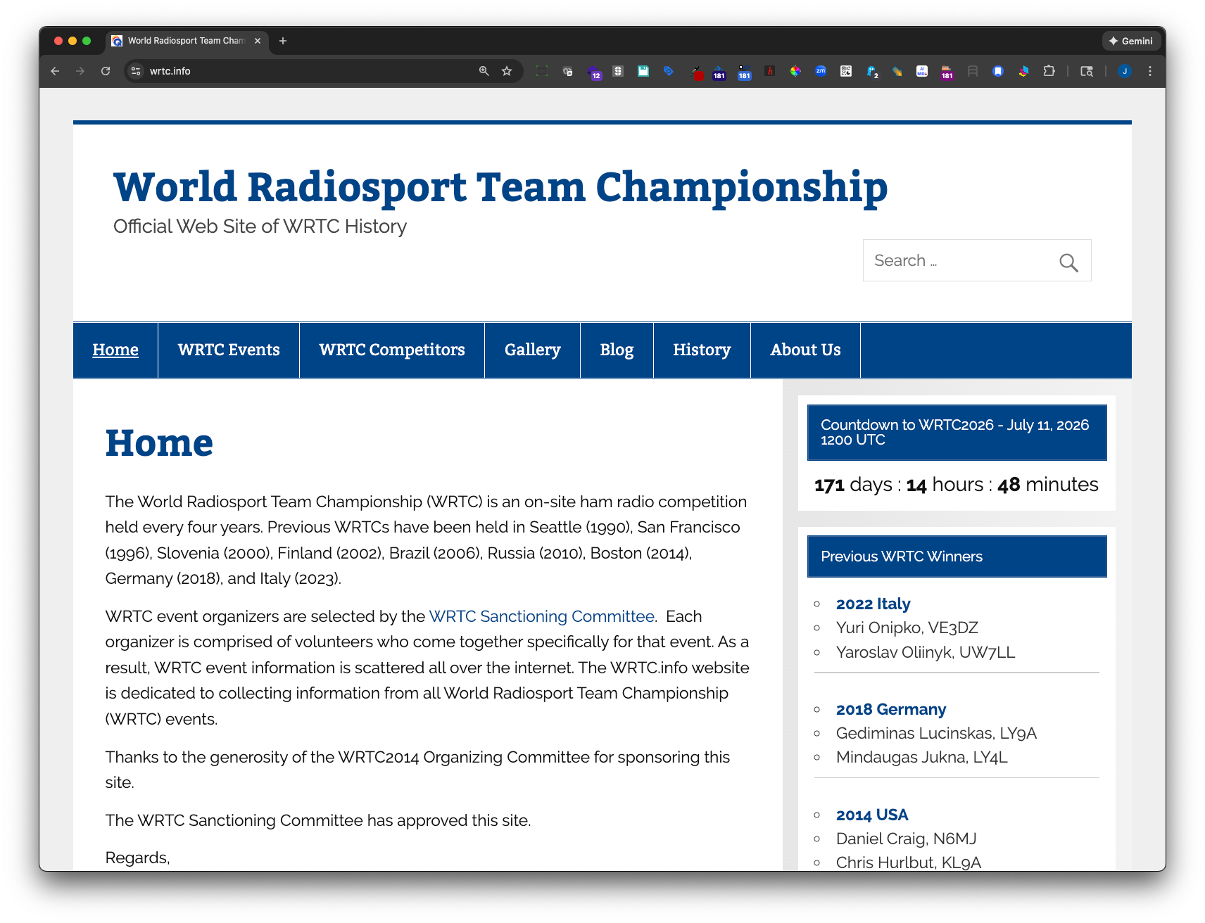 Screenshot of the WRTC.info website documenting World Radiosport Team Championship events